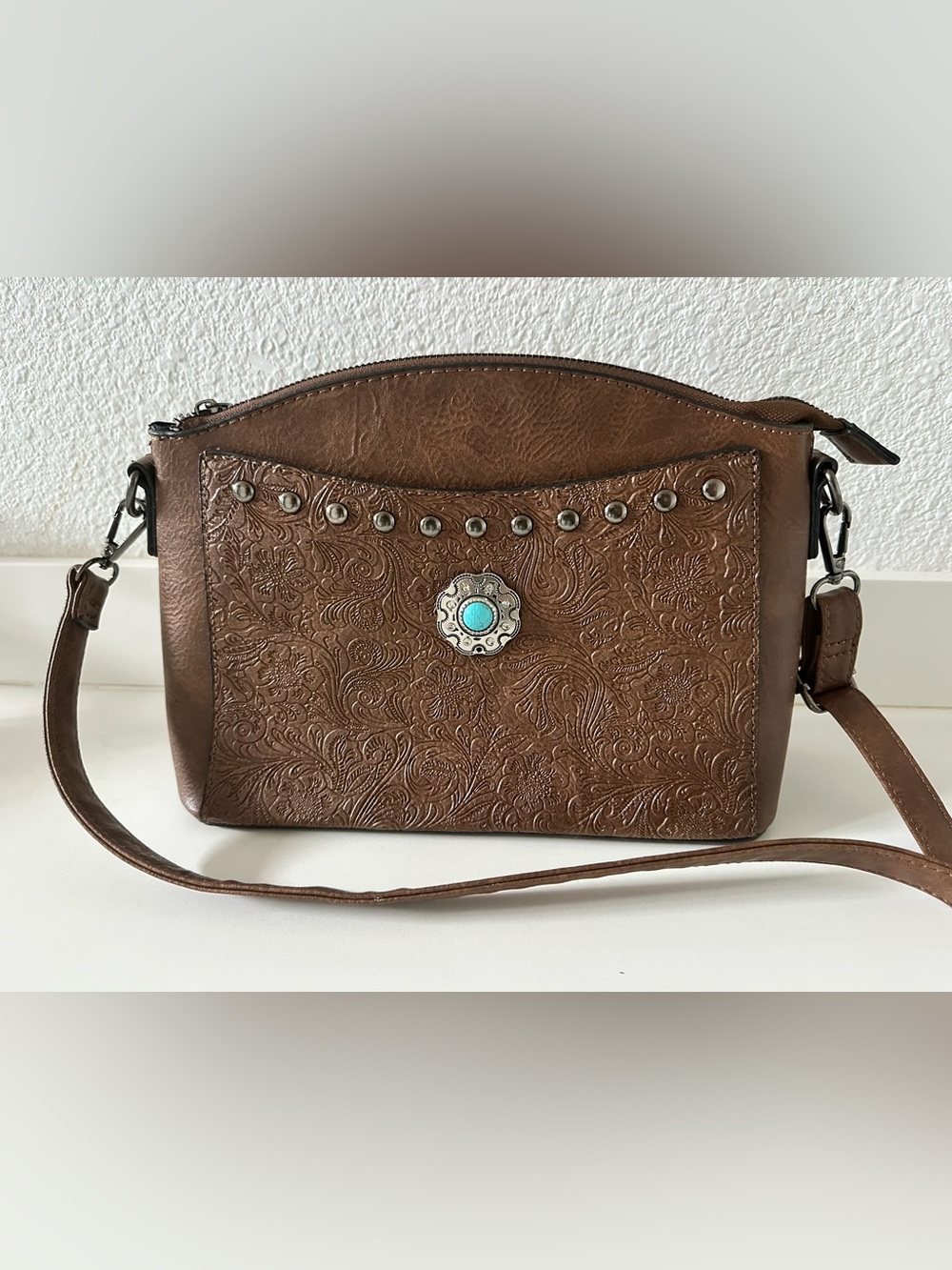 Brown Embossed Crossbody Bag with Turquoise Accent
